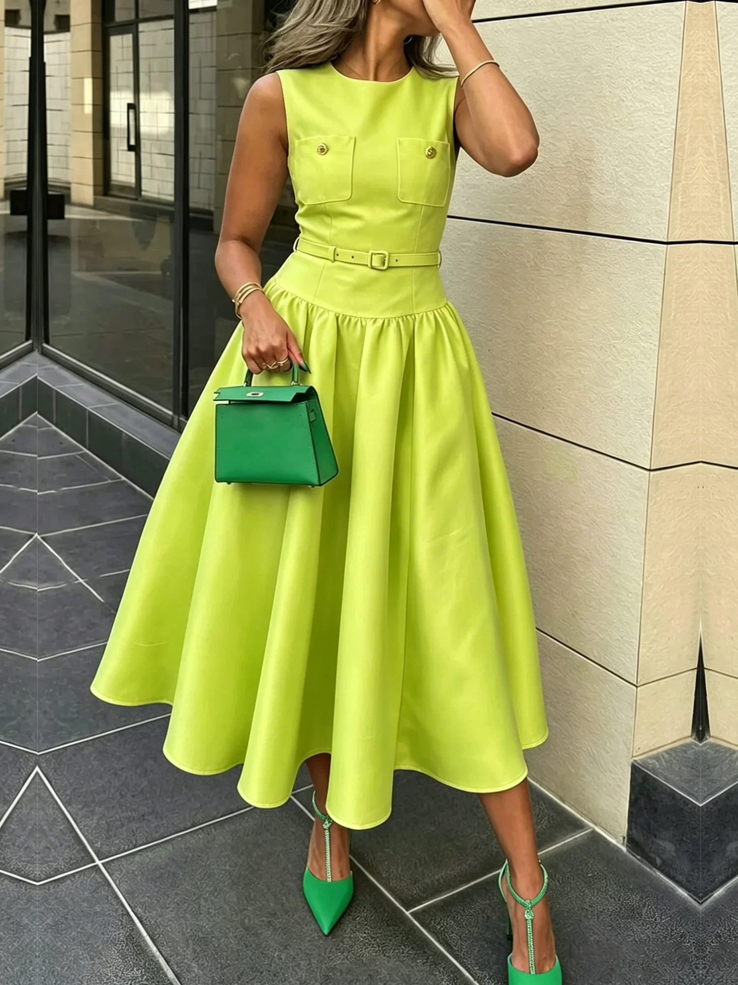 Image of Elegant Plain Crew Neck Maxi Dress With Belt