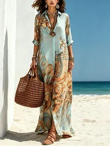 Image of Casual Abstract Print Relaxed Maxi Shirt Dress