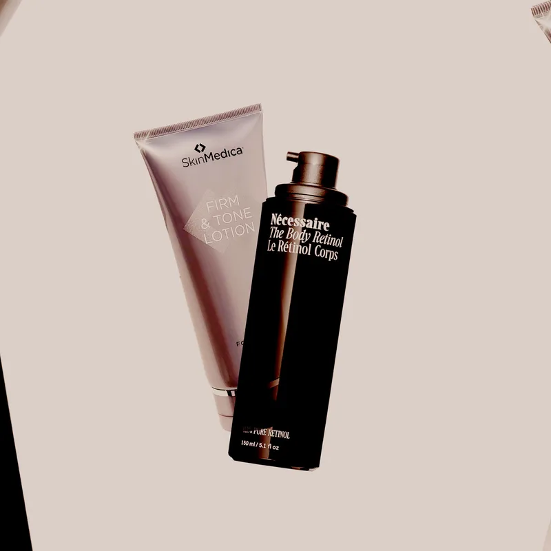 Collage of beauty products that treat crepey skin