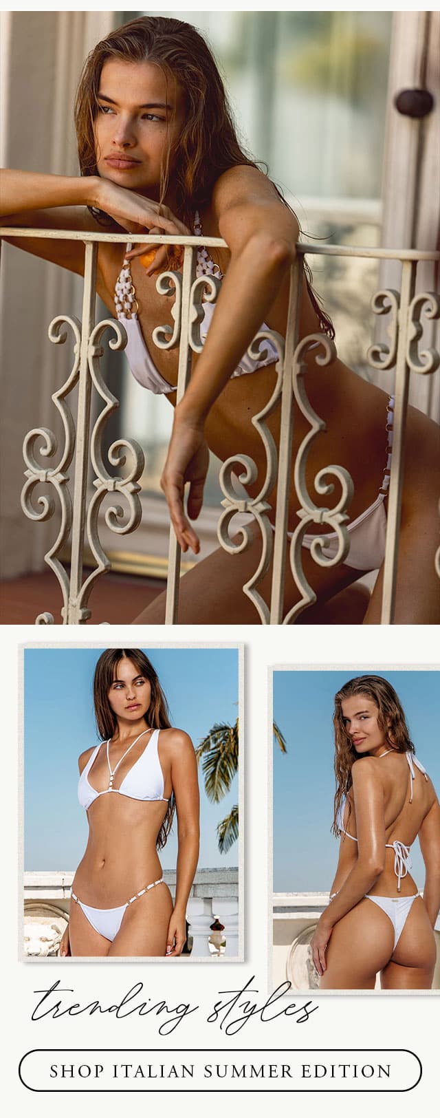 Collage of models wearing white bikinis. Shop Italian Summer Edition button. 