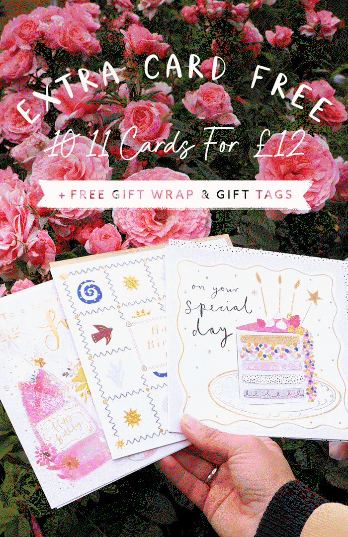 Summer birthday card, gift wrap, gift tags and wrapped gifts arranged in a scrapbook-style display