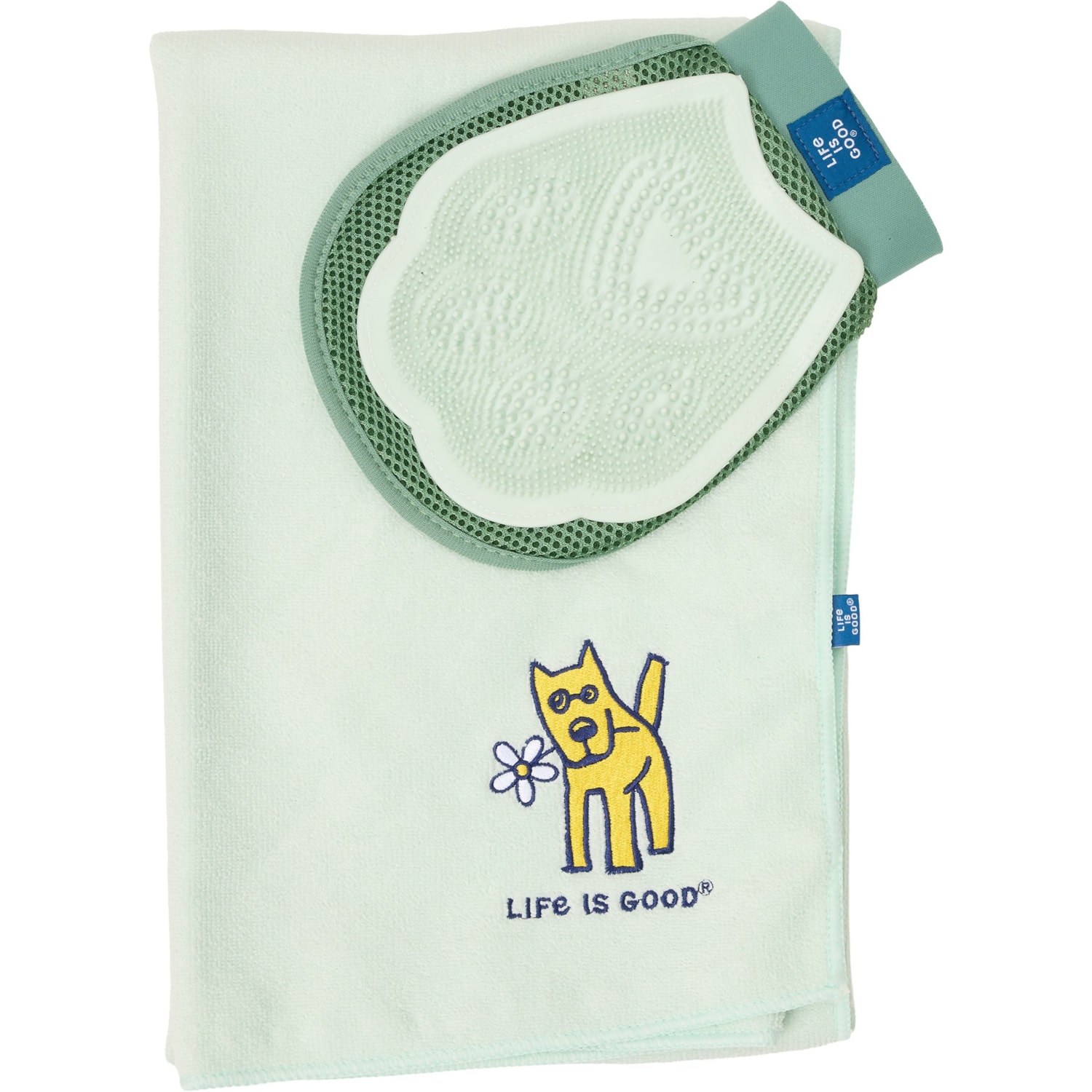 LIFE IS GOOD Microfiber Pet Towel and Grooming Glove Set | Mint Green