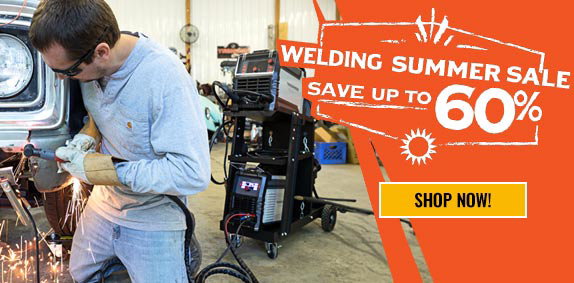 Person welding metal with sparks next to “Welding Summer Sale – Save up to 60%” banner.