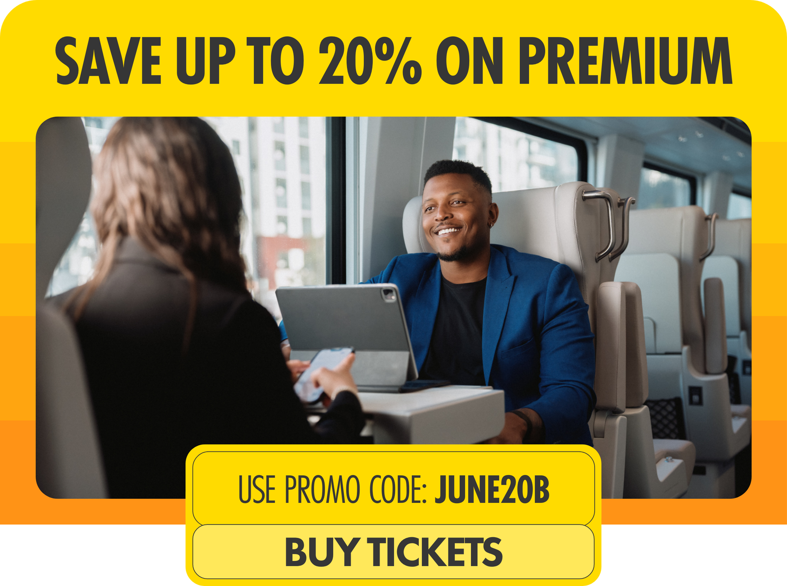 A business traveler in a blue blazer works on a laptop while seated at a table on a modern train. A blurred fellow passenger sits opposite, suggesting a professional travel setting. Bold overlay text advertises savings of up to 20% on premium fares and highlights the promo code JUNE20B. A prominent call-to-action button invites viewers to buy tickets.