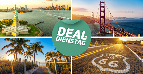 Bild-Collage: Freiheitsstatue mit Skyline in New York, Golden Gate Bridge bei San Francisco, hölzener Weg gesäumt von Palmen zum Strand sowie Straße mit Schriftzug Route 66.