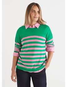 Stripe Crew Neck Jumper in Green and Pink