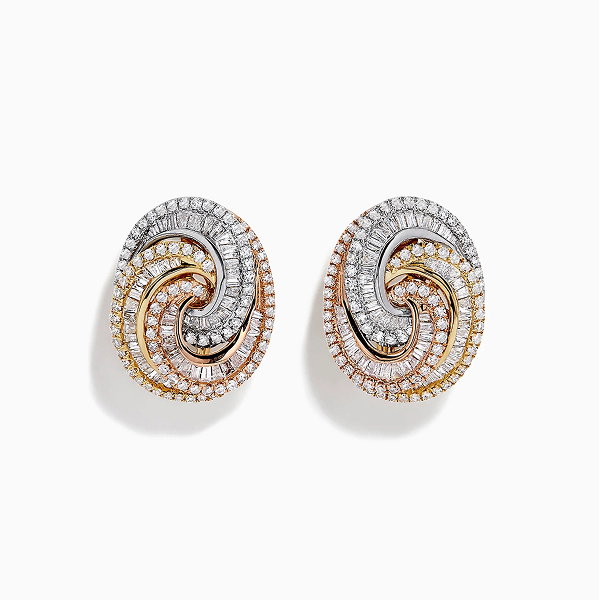 Trio 14K Tri-Tone Gold French Clip Diamond Statement Earrings, 1.08 TCW