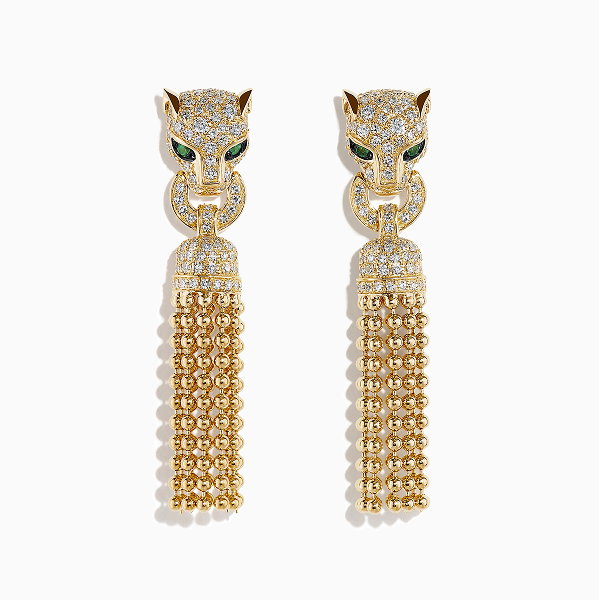 Web Exclusive 14K Yellow Gold Diamond and Emerald Tassel Panther Earrings