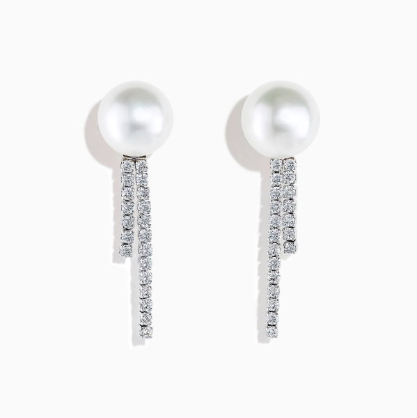 14K White Gold Cultured Pearl and Diamond Drop Earrings