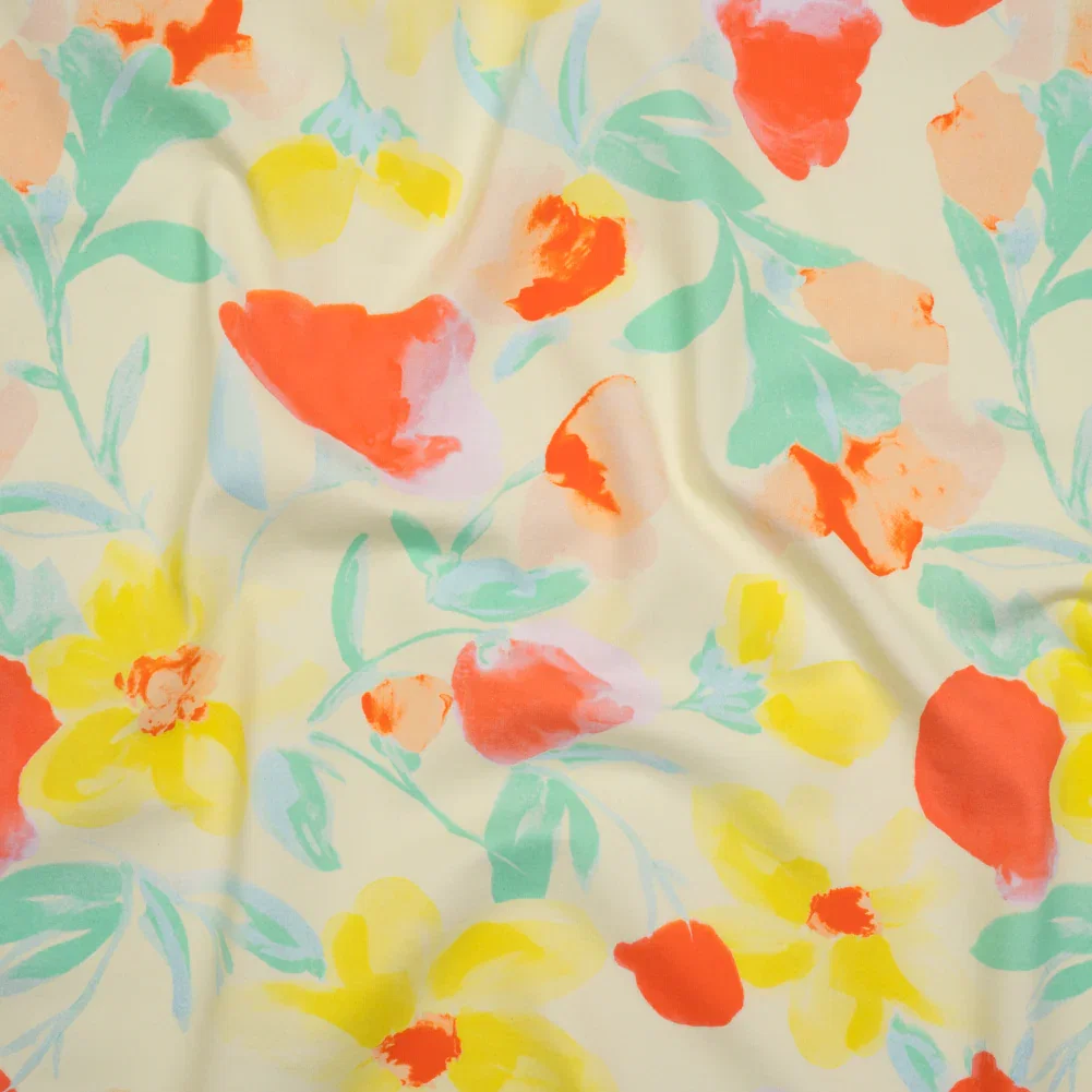 Image of Stretch Nylon Swimwear Tricot - Lemon Yellow, Red Orange and Mint Green Painted Flowers - Designer Deadstock