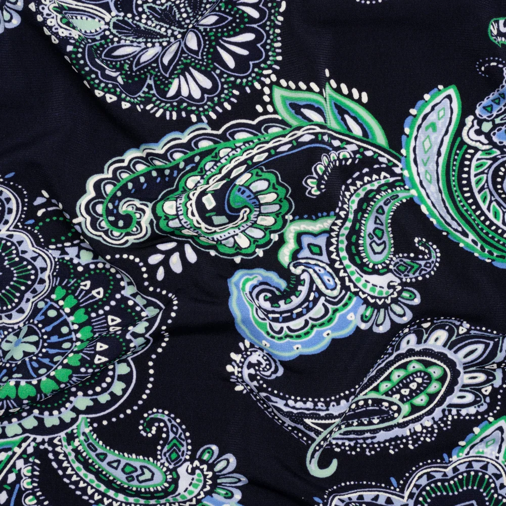 Image of Stretch Polyester Tricot with Puff Print - Navy, Green and White Floral and Paisley - Designer Deadstock