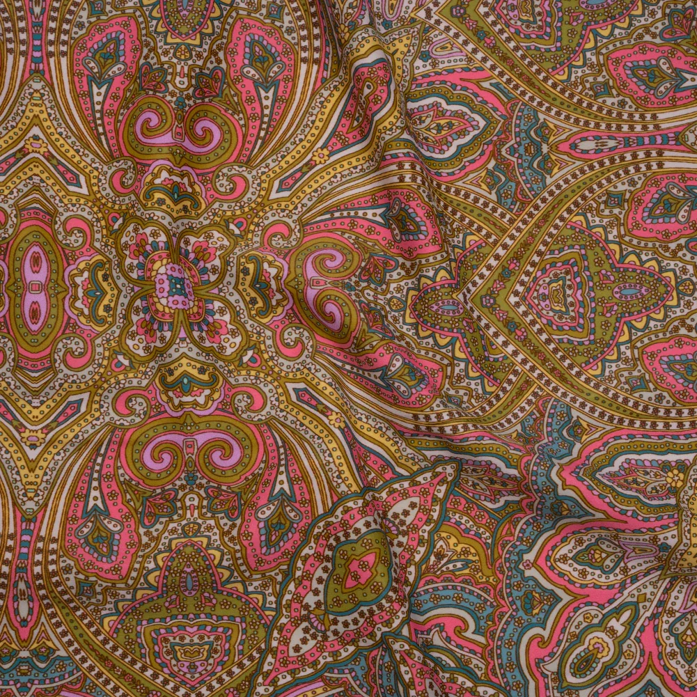 Image of Stretch Nylon Swimwear Tricot - Pink, Olive Green and Blue Ornate Paisleys - Designer Deadstock