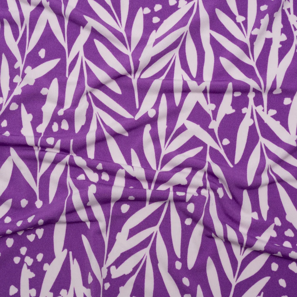 Image of Stretch Polyester Tricot - Purple and Off White Leafy Stems - Designer Deadstock