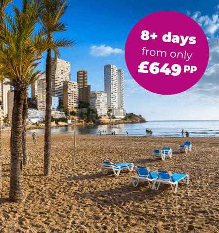 Beach scene with palm trees, sun loungers, and a view of buildings by the sea under a blue sky.