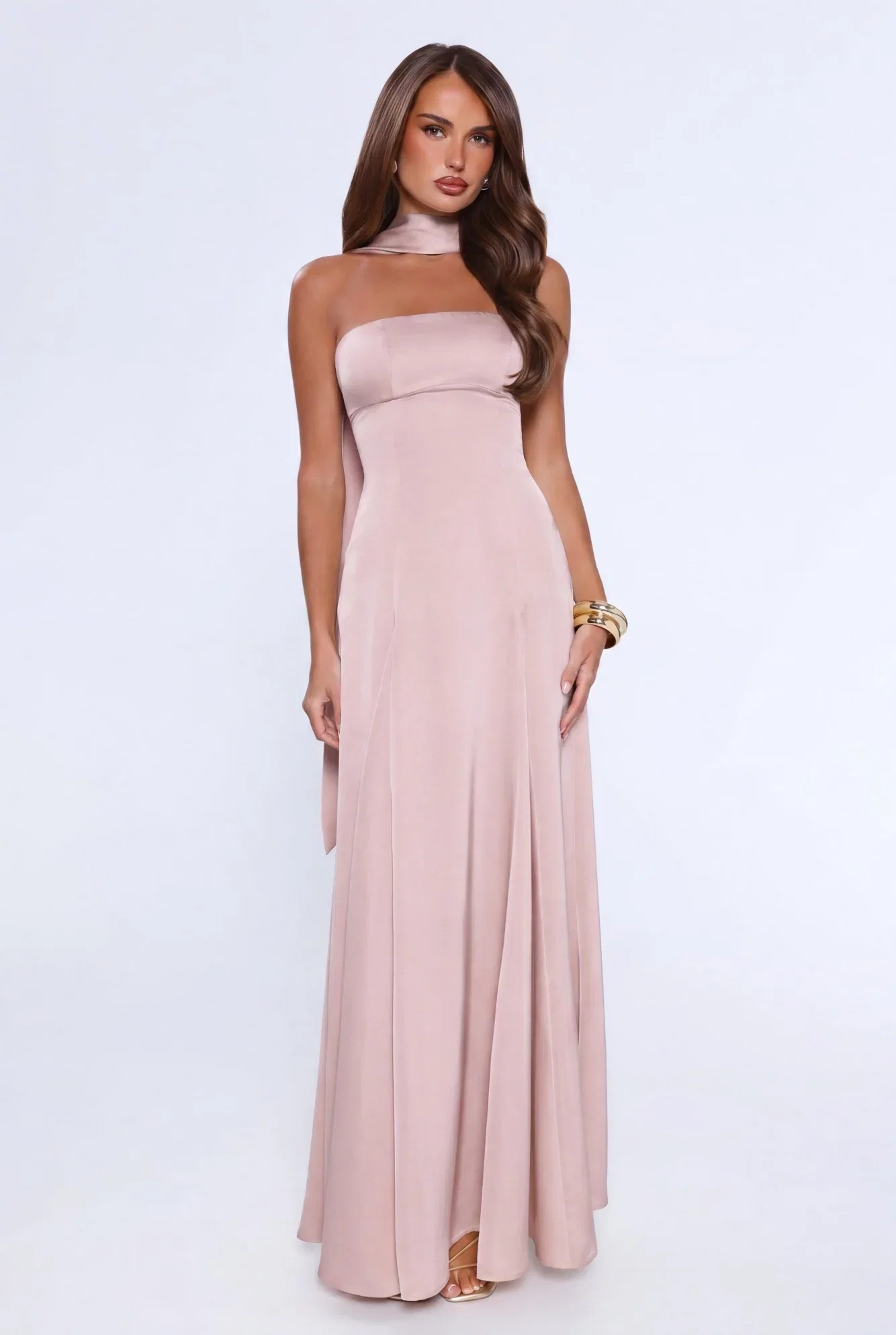Image of Satin Tempt Strapless Maxi Dress Blush