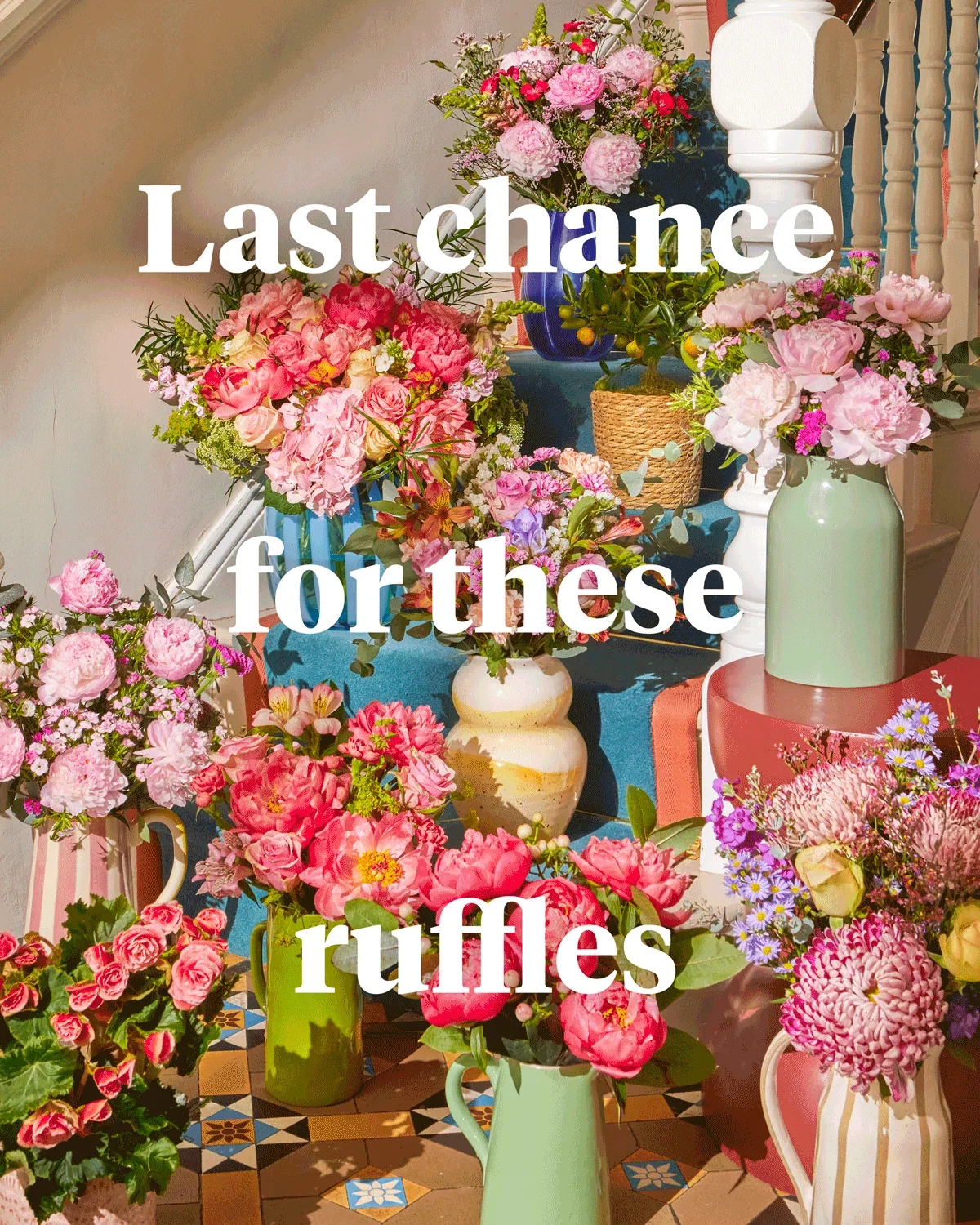 Vibrant pink peonies and ruffled bouquets arranged on a staircase. Text reads, 
