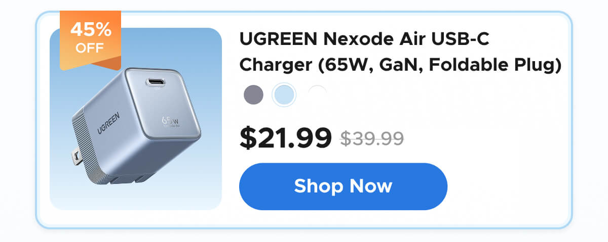UGREEN Nexode Air USB-C Charger (65W, GaN, Foldable Plug)