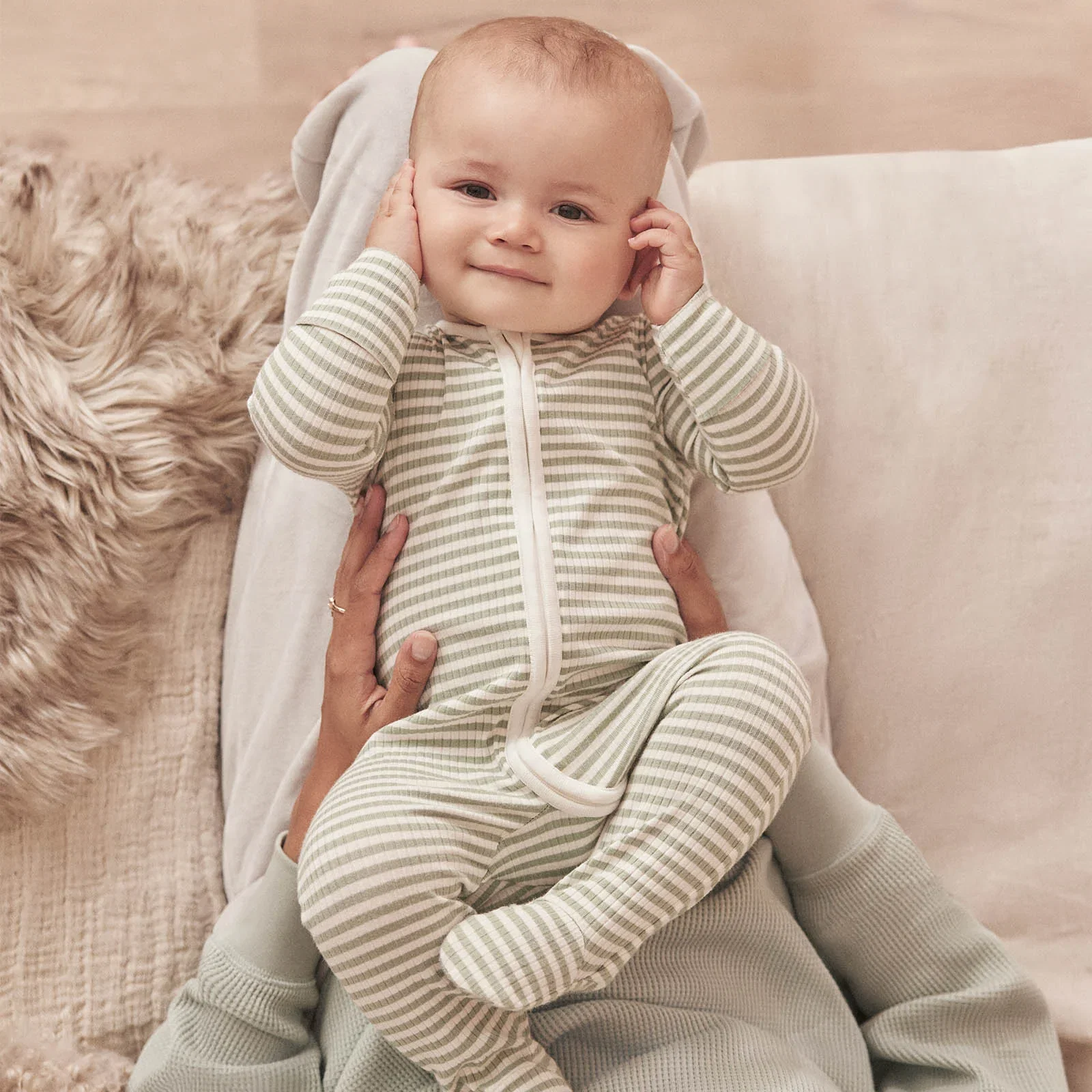 Image of Sage Stripe Ribbed Clever Zip Sleepsuit