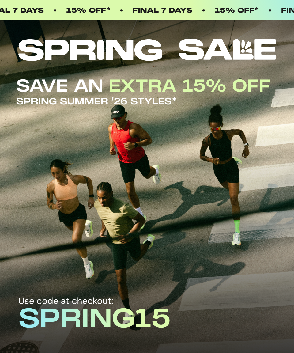 Top strip: FINAL 7 DAYS - 15% OFF* - FINAL 7 DAYS Copy: SPRING SALE Sub copy: SAVE AN EXTRA 15% OFF SPRING SUMMER '26 STYLES* USE CODE: SPRING15 AT CHECKOUT