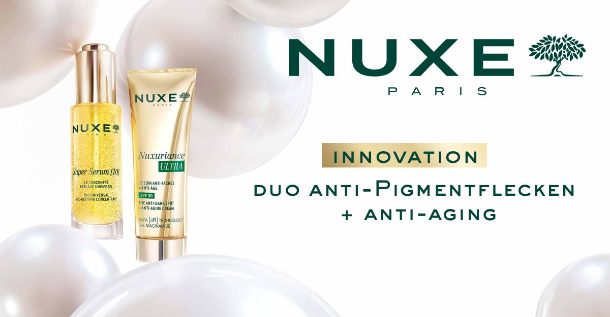 Werbegrafik von NUXE Paris: Zwei Hautpflegeprodukte der Nuxuriance Ultra-Serie (ein Serum und eine Creme) stehen vor einem hellen Hintergrund mit perlartigen Kugeln. Daneben steht der Text „Innovation – Duo gegen Pigmentflecken und Hautalterung“. Das NUXE-Logo ist oben rechts platziert.