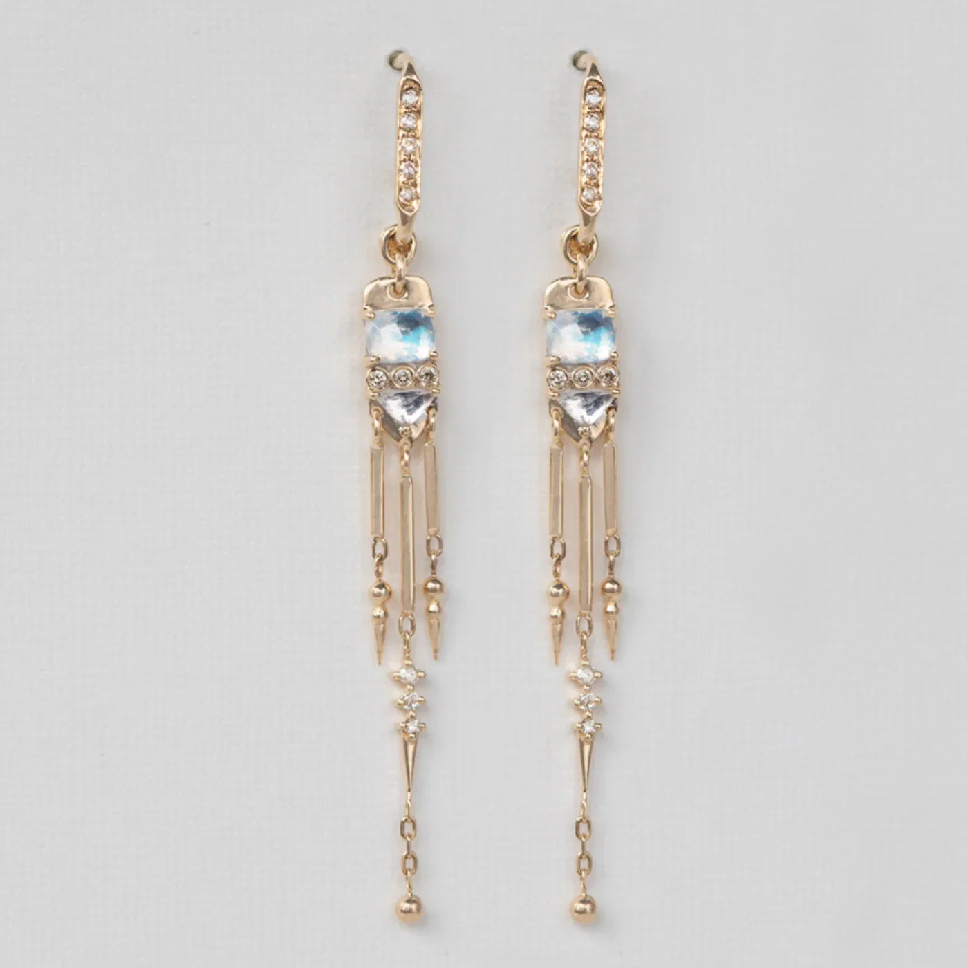 Image of MOONSTONES AND DIAMONDS LONG DANGLING EARRINGS