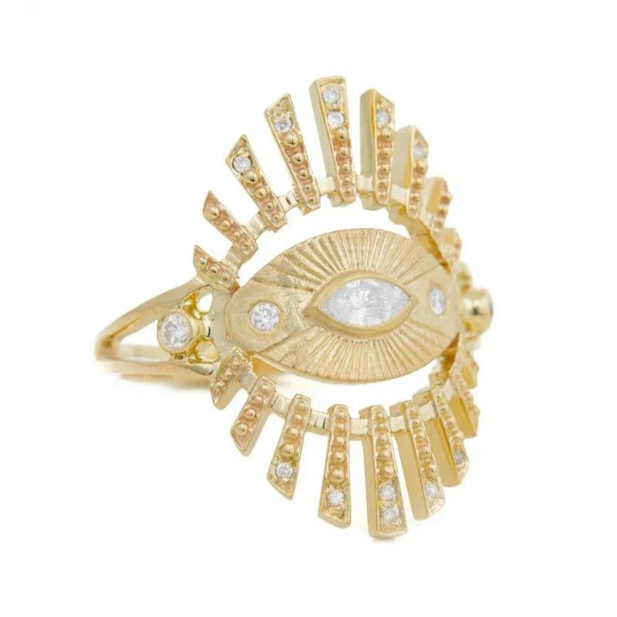 Image of Large Sun Eye Marquise Diamond & Diamond Beams Ring