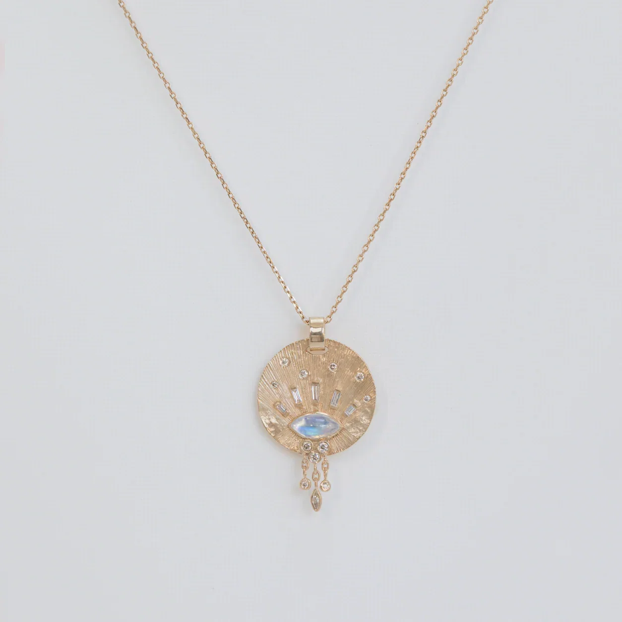 Image of MOONSTONE CABOCHON MARQUISE WITH BAGUETTE DIAMONDS SUN MEDAL CHAIN NECKLACE