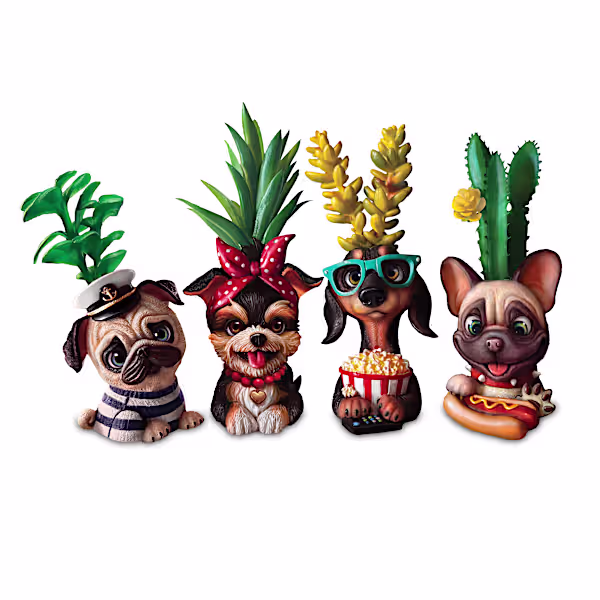 Playful Pup Sculpted Planters with Artificial Succulents