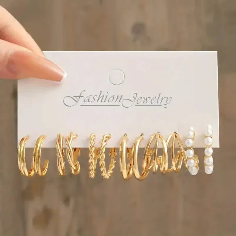 Image of Gold-Tone Hoop Earrings Set with Faux Pearls