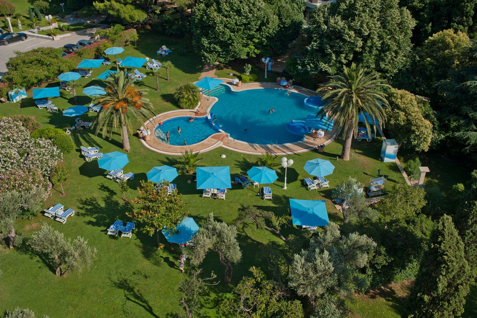 Aerial view of a hotel swimming pool surrounded by turquoise umbrellas, sunloungers and palm trees on a green lawn