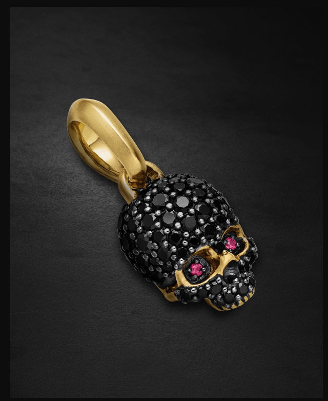 Memento Mori SkullFull Pavé Black Diamonds, Rubies and 18K Yellow Gold, 14mm