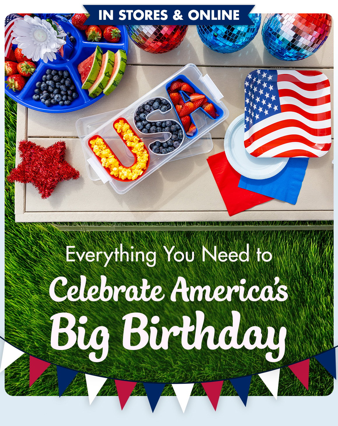 Everything you need to celebrate America's big birthday. Image of party food in in a blue container with red, white and blue and flag-themed tableware.