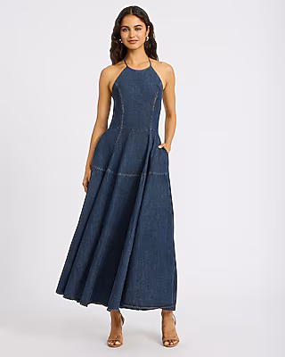 Denim Halter Seamed Fit and Flare Maxi Dress with Pockets