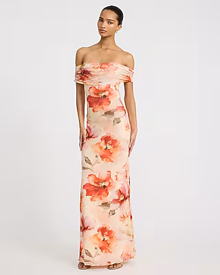 Mesh Floral Off The Shoulder Ruched Maxi Dress