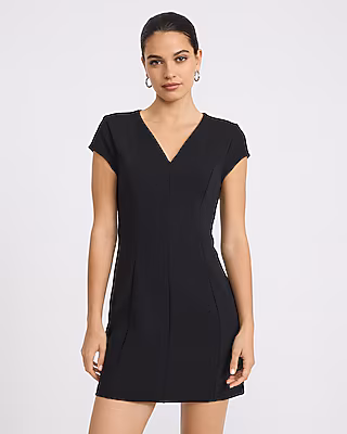 Crepe Notch Crew Neck Short Sleeve Seamed Mini Dress