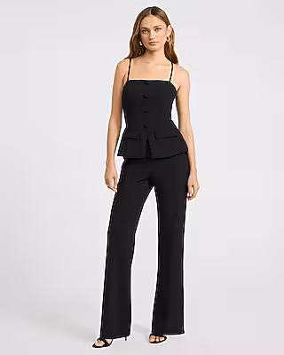 Square Neck Button Front Peplum Tailored Wide Leg Jumpsuit