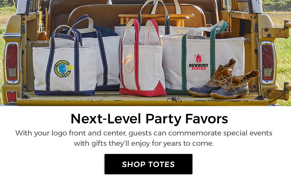 Image of customer-embroidered Boat and Tote Bags. Next-level party favors. With your logo front and center, guests can commemorate special events with gifts they'll enjoy for years to come.