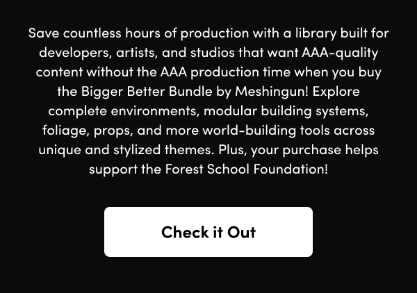 Explore complete environments, modular building systems, foliage, props, and more world-building tools across unique and stylized themes. Plus, your purchase helps support the Forest School Foundation! 
