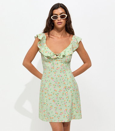 Green Crepe Ditsy Print Ruffle Trim Mini Dress