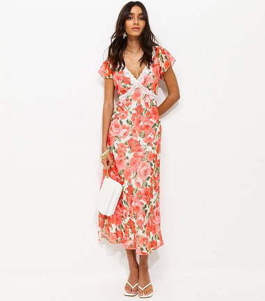 Pink Floral Print Lace Trimmed Chiffon Midi Dress