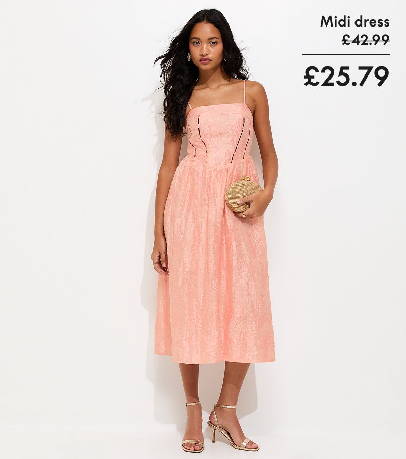 Light Coral Sparkly Floral Jacquard Midi Dress