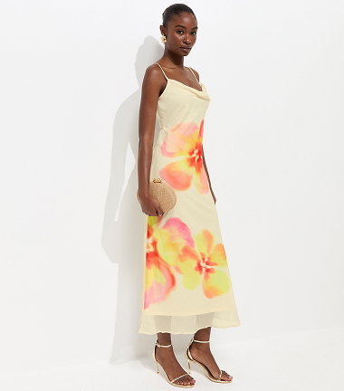 Cream Hibiscus Chiffon Cowl Neck Midi Dress