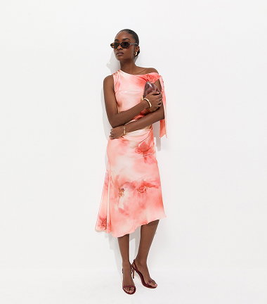 Pink Blurred Floral Print Shimmer Effect Midi Dress