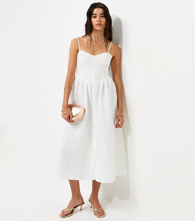 White Broderie Anglaise Corset Waist Midi Dress