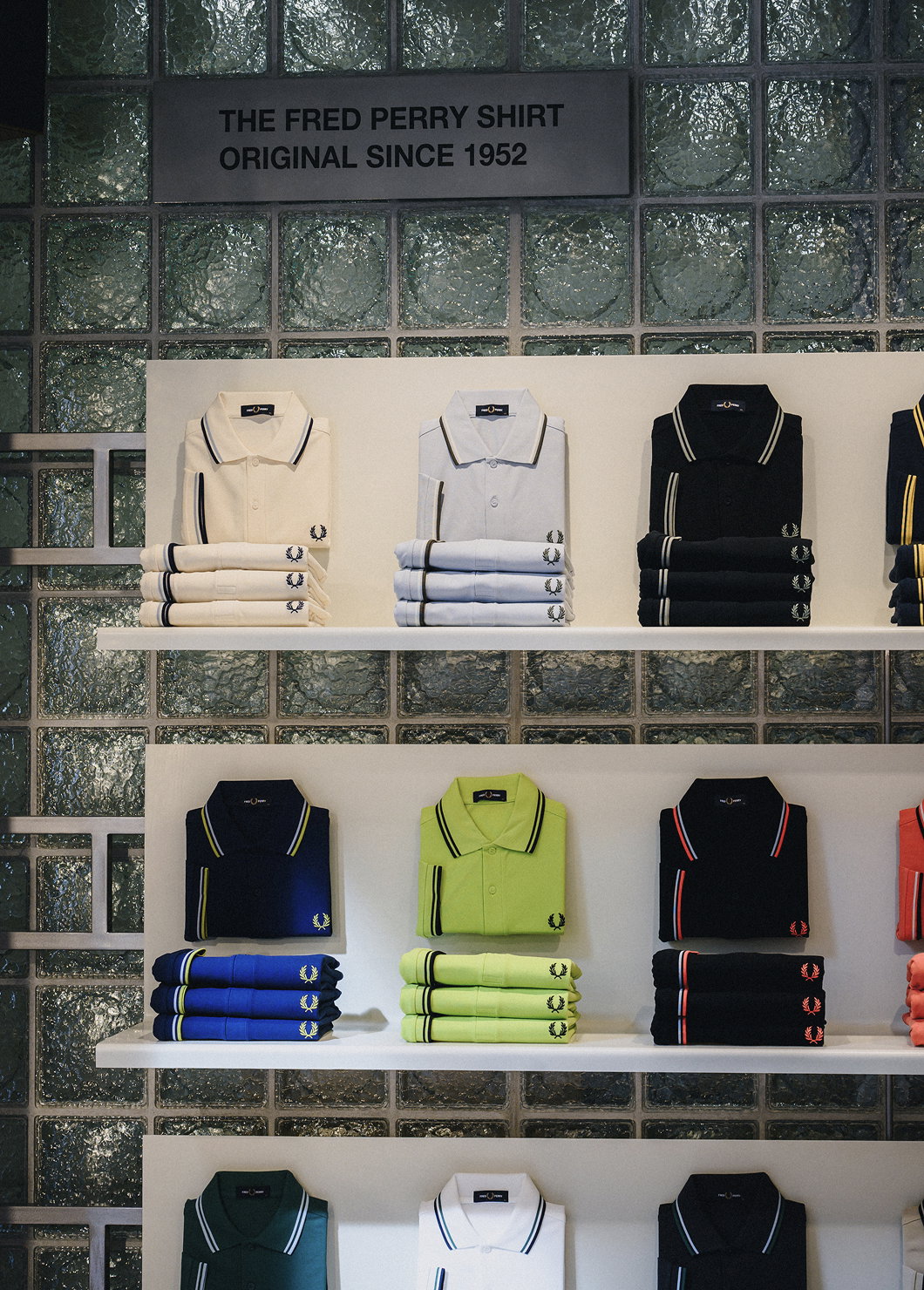 A wall of Fred Perry Shirts in the Soho Store