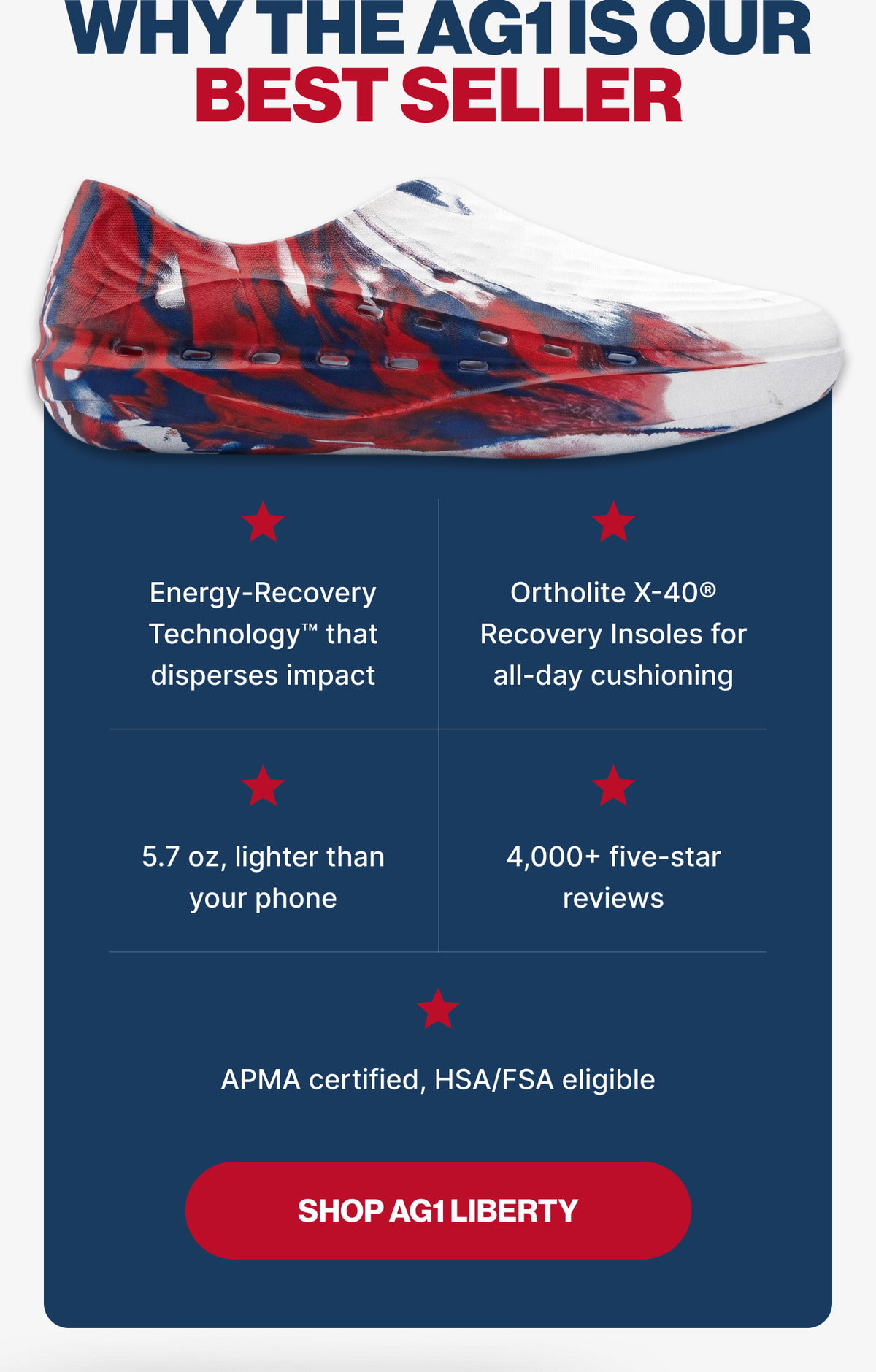WHY THE AG1 IS OUR BEST SELLER — Energy-Recovery Technology, Ortholite X-40 Recovery Insoles, 5.7 oz lighter than your phone, 4,000+ five-star reviews, APMA certified, HSA/FSA eligible