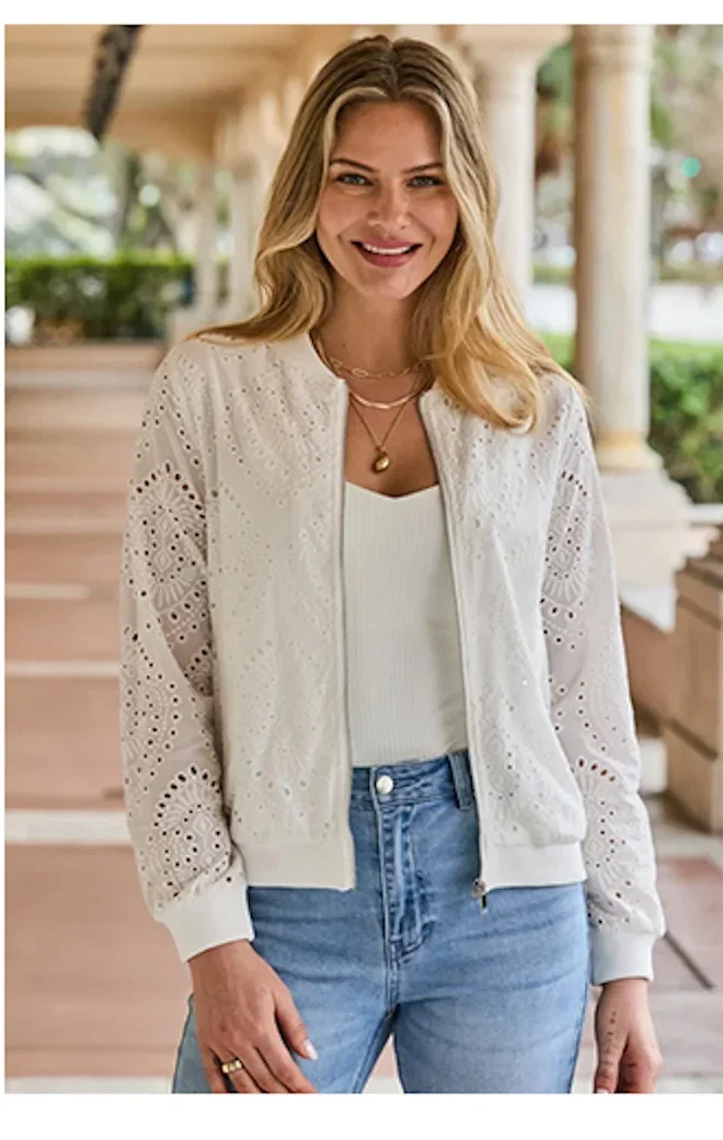 Ivory Broderie Detail Bomber Jacket