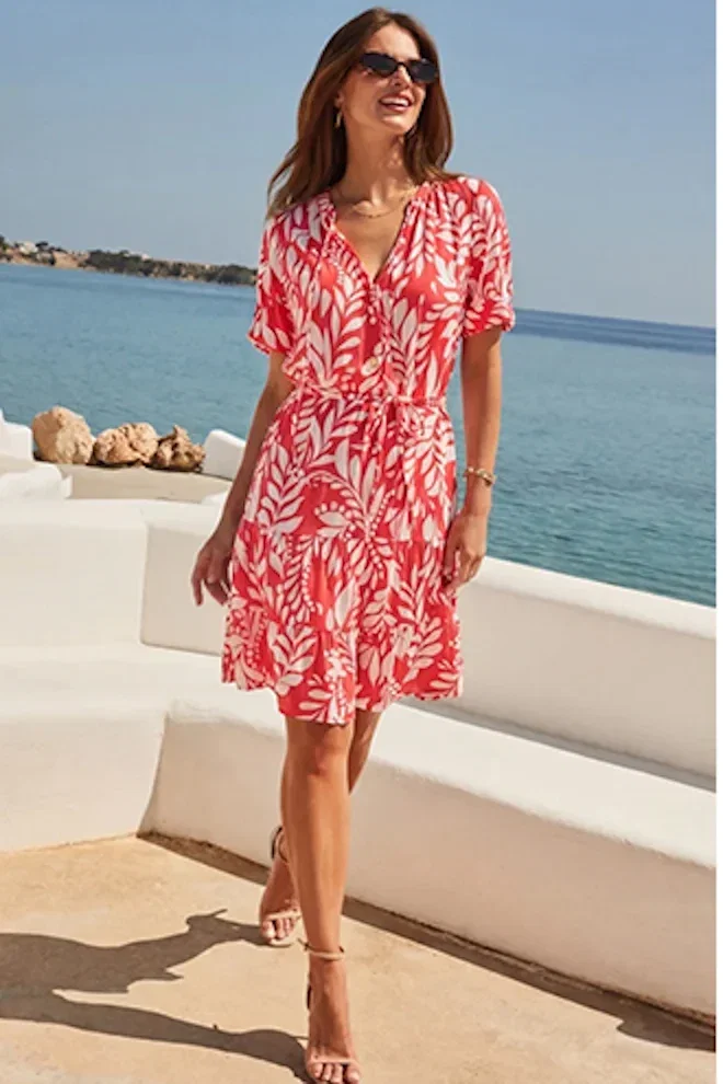 Red Palm Print Tie Waist Dress