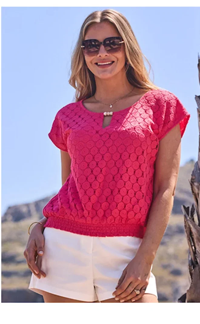 Coral Crochet Shirred Hem Keyhole Detail Top