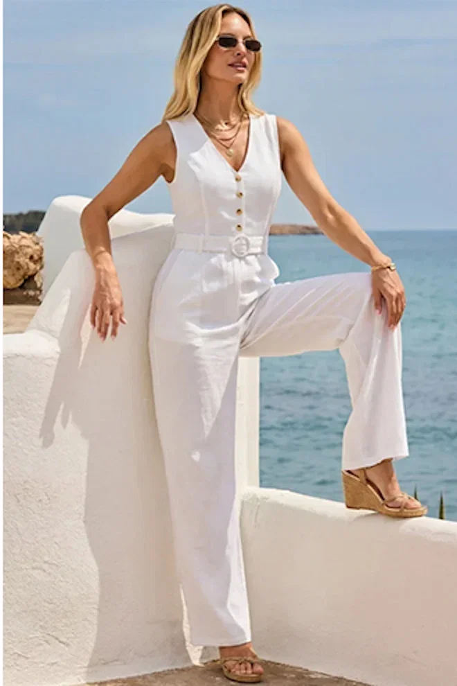 Ivory Linen Blend Belted Sleeveless Jumpsuit